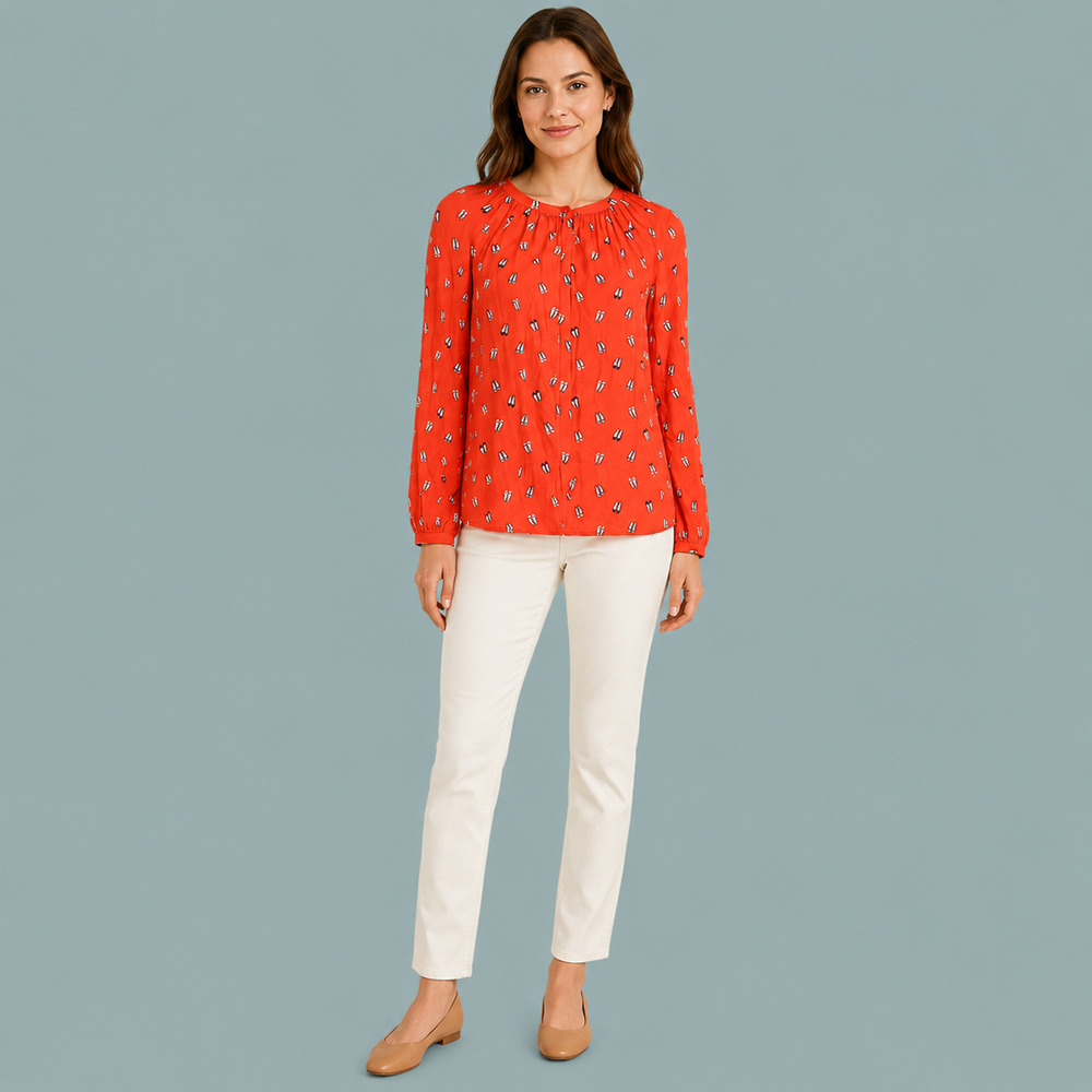 Boden Size 8 Red Ballet Shoe Print Gathered Neck Button Long Sleeve Top Blouse